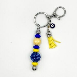 Blue and Yellow Beaded Keychain with Tassel